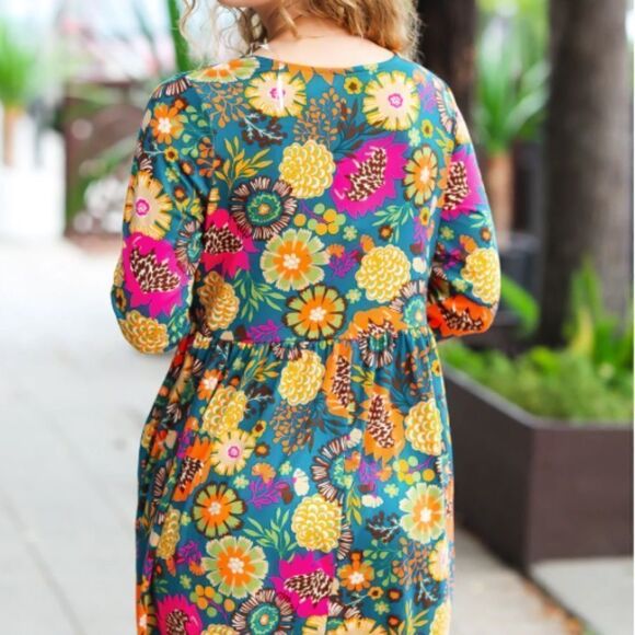 Boho Buttery Soft Knit Floral Pocketed Dress Bright Trendy Haptics Small - Picture 3 of 6